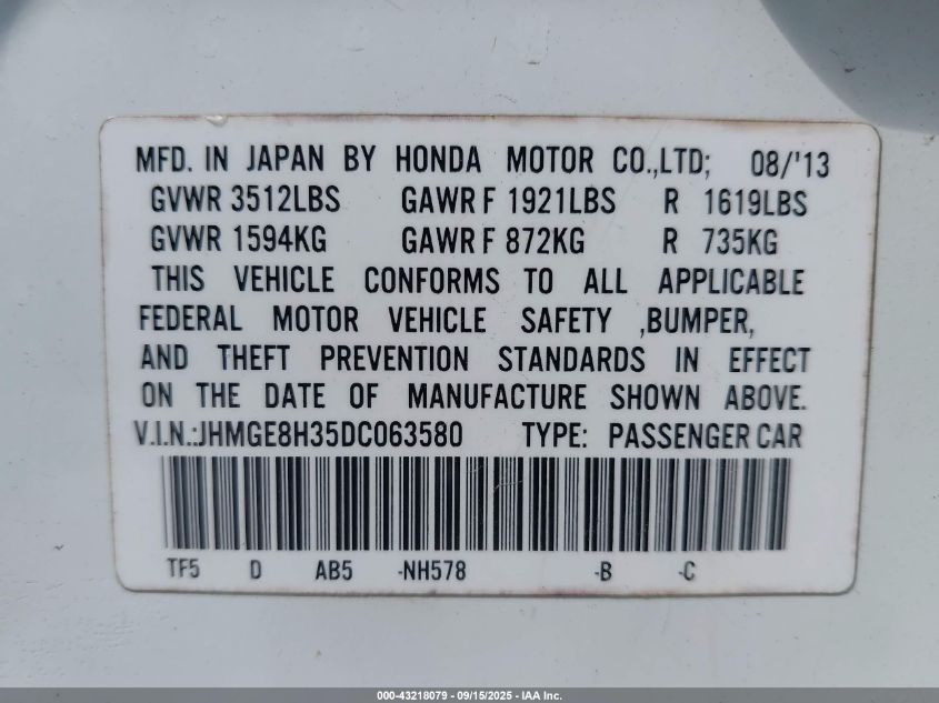2013 Honda Fit VIN: JHMGE8H35DC063580 Lot: 43218079