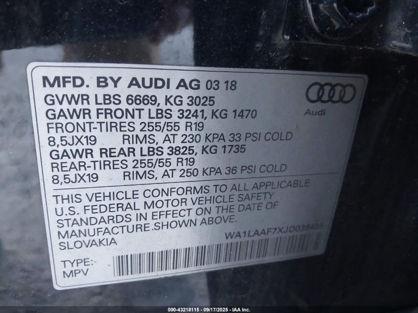 2018 Audi Q7 3.0T Premium VIN: WA1LAAF7XJD036495 Lot: 43218115