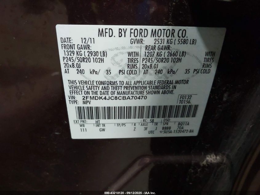 2012 Ford Edge Sel VIN: 2FMDK4JC8CBA70470 Lot: 43218120