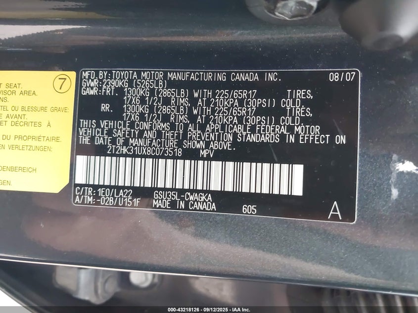 2008 Lexus Rx 350 VIN: 2T2HK31UX8C073518 Lot: 43218126