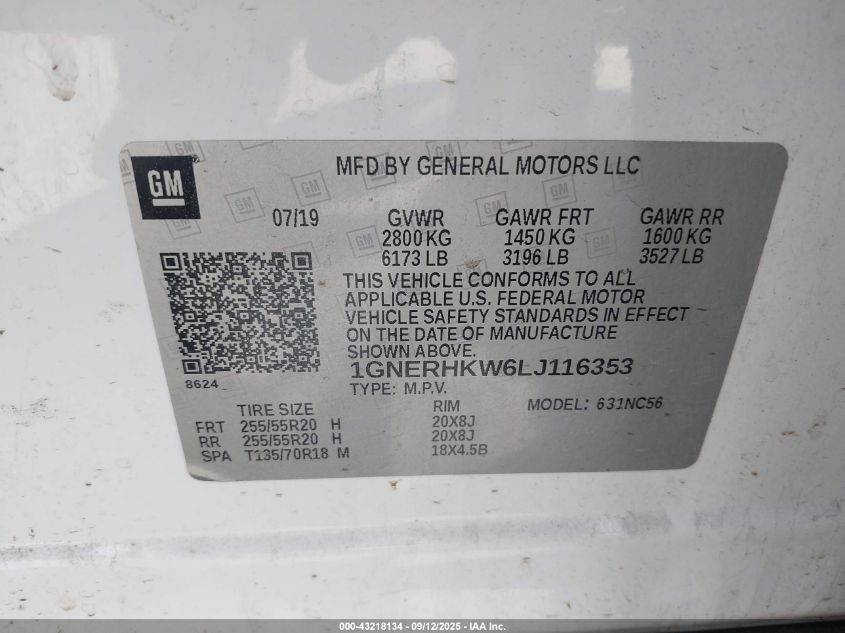 2020 Chevrolet Traverse Fwd Lt Leather VIN: 1GNERHKW6LJ116353 Lot: 43218134