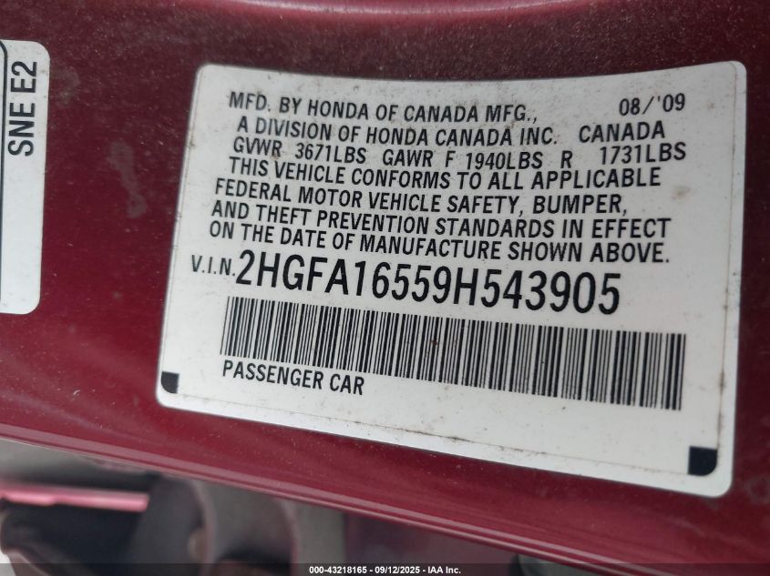 2009 Honda Civic Lx VIN: 2HGFA16559H543905 Lot: 43218165