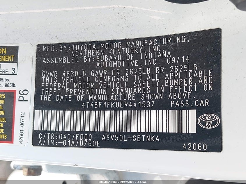 2014 Toyota Camry L/Se/Le/Xle VIN: 4T4BF1FK0ER441537 Lot: 43218169