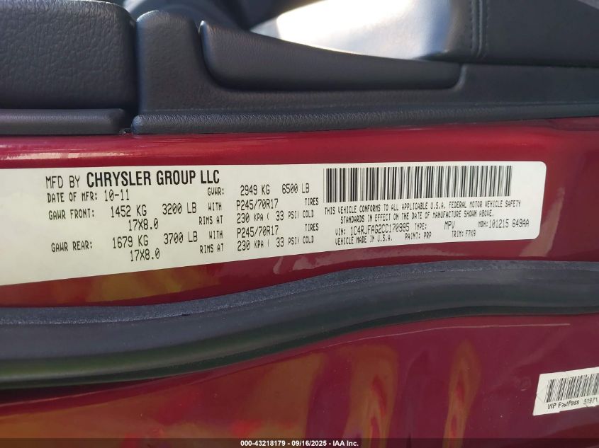 2012 Jeep Grand Cherokee Laredo VIN: 1C4RJFAG2CC170995 Lot: 43218179