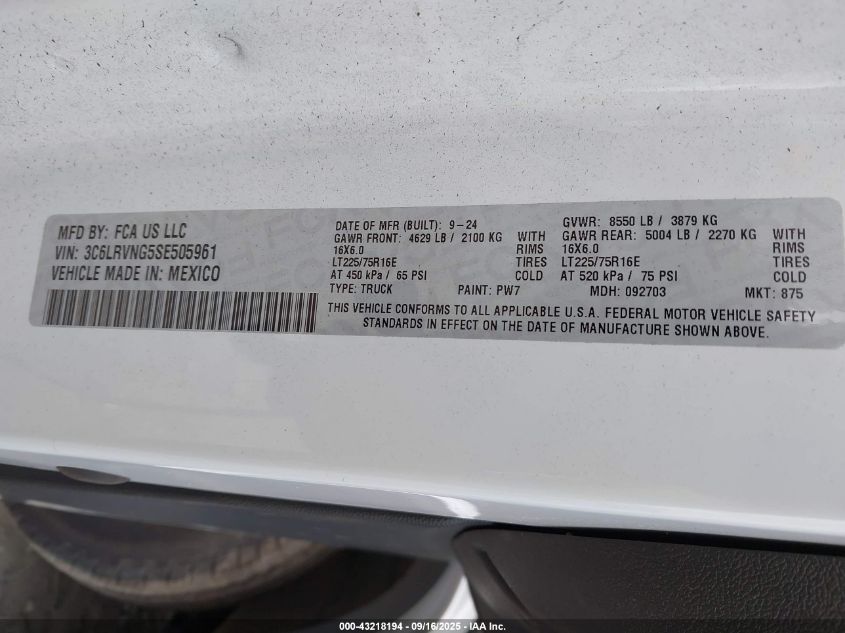 2025 Ram Promaster 1500 Tradesman Low Roof 118 Wb W/Pass Seat VIN: 3C6LRVNG5SE505961 Lot: 43218194