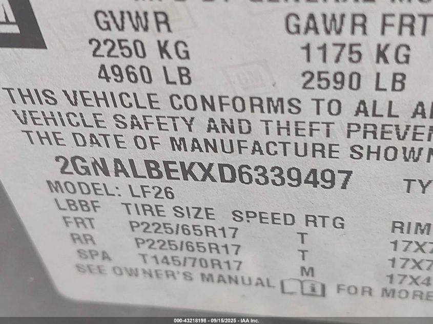 2013 Chevrolet Equinox Ls VIN: 2GNALBEKXD6339497 Lot: 43218198