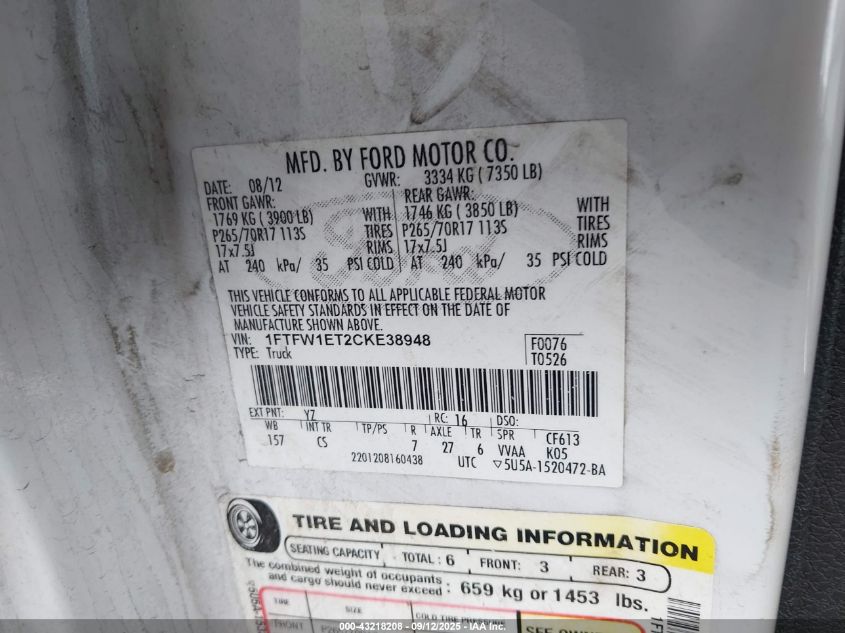 2012 Ford F-150 Xl VIN: 1FTFW1ET2CKE38948 Lot: 43218208