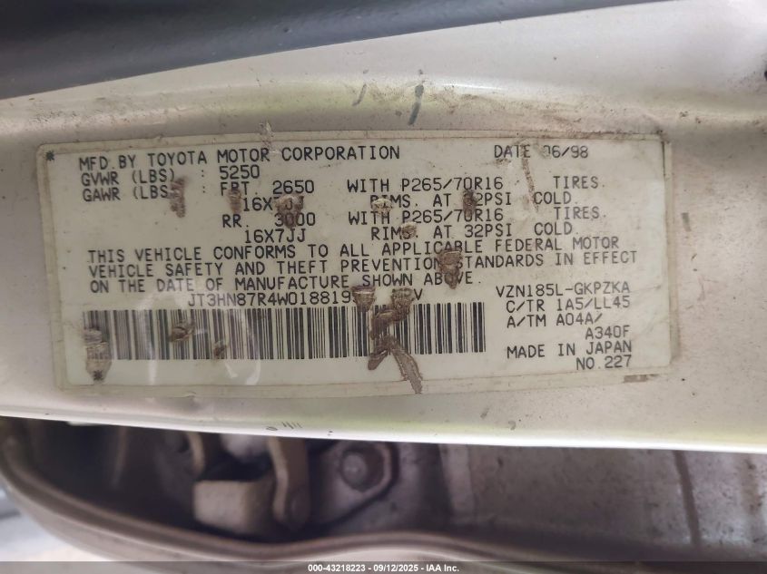 1998 Toyota 4Runner Sr5 V6 Limited VIN: JT3HN87R4W0188199 Lot: 43218223