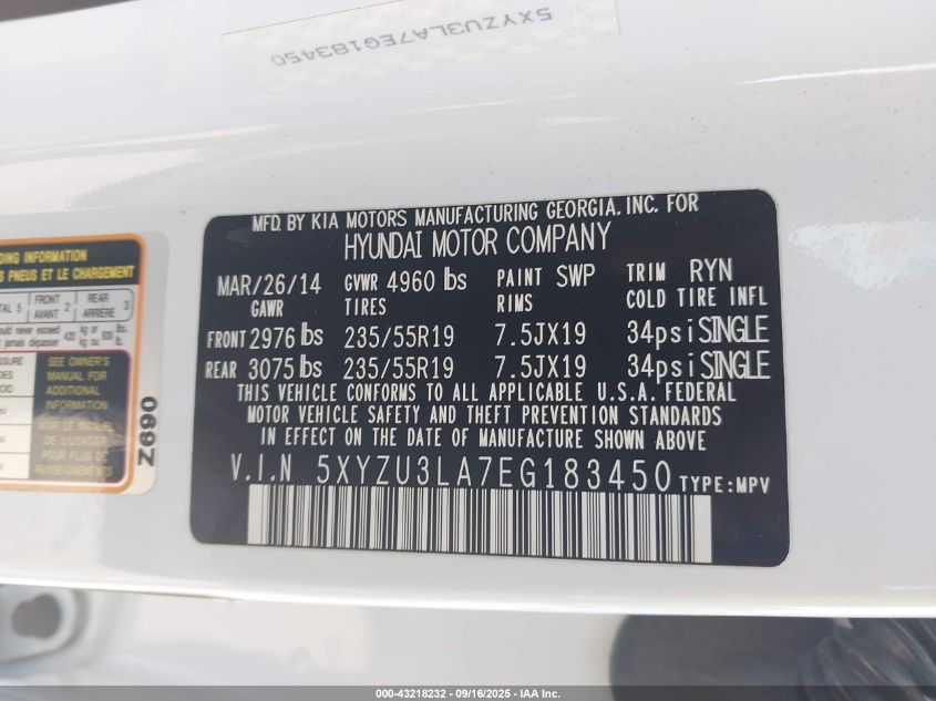 2014 Hyundai Santa Fe Sport 2.0L Turbo VIN: 5XYZU3LA7EG183450 Lot: 43218232