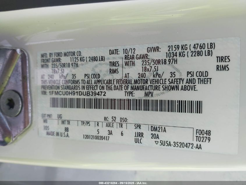 2013 Ford Escape Sel VIN: 1FMCU0H91DUB39472 Lot: 43218284