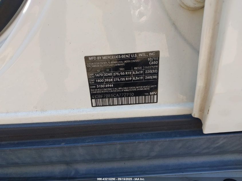 2012 Mercedes-Benz Gl 450 4Matic VIN: 4JGBF7BE5CA772710 Lot: 43218290