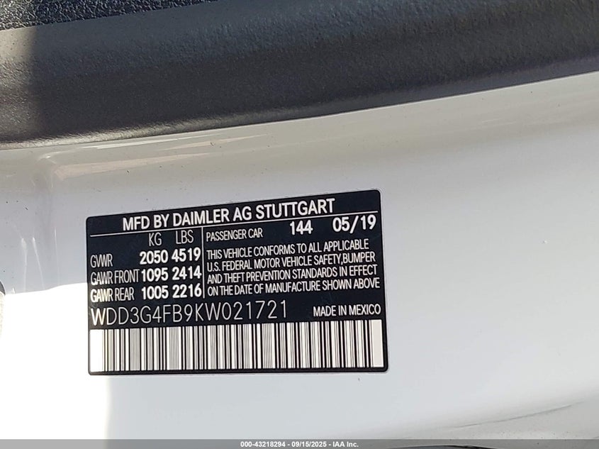 2019 MERCEDES-BENZ A 220 4MATIC WDD3G4FB9KW021721