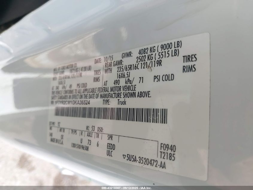 2016 Ford Transit-250 VIN: 1FTYR2CM1GKA36524 Lot: 43218307