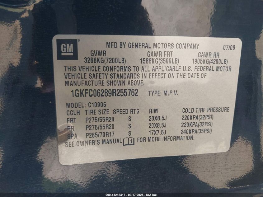 2009 GMC Yukon Xl 1500 Denali VIN: 1GKFC06289R255762 Lot: 43218317