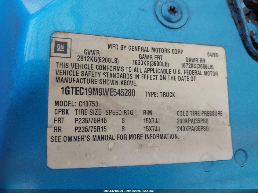 1998 GMC Sierra 1500 Sl Wideside VIN: 1GTEC19M9WE545280 Lot: 43218329