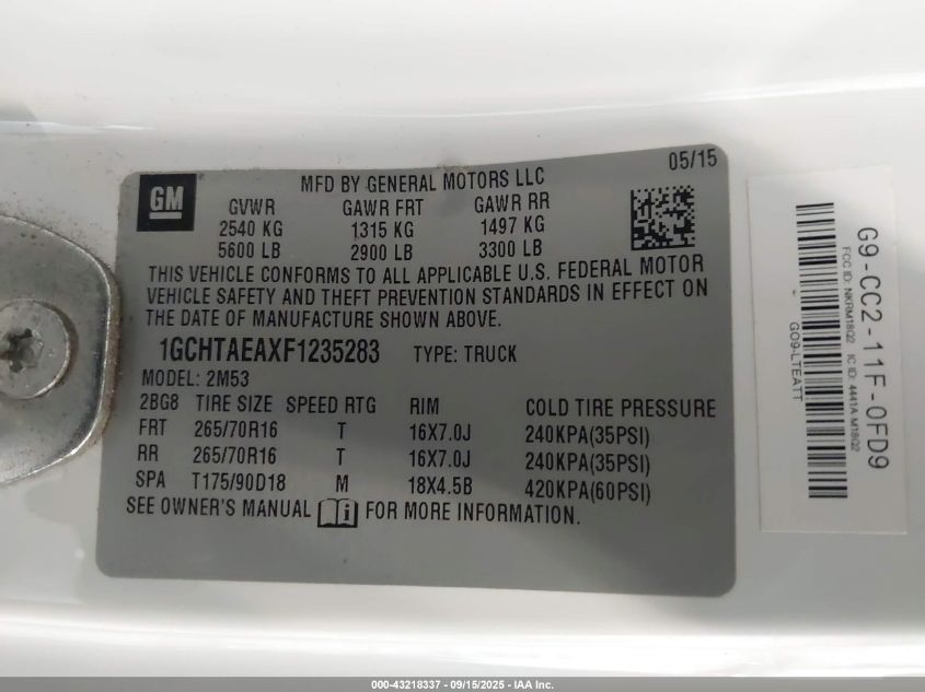 2015 Chevrolet Colorado Wt VIN: 1GCHTAEAXF1235283 Lot: 43218337