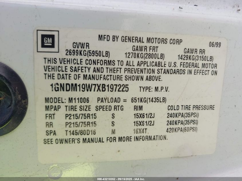 1999 Chevrolet Astro VIN: 1GNDM19W7XB197225 Lot: 43218352