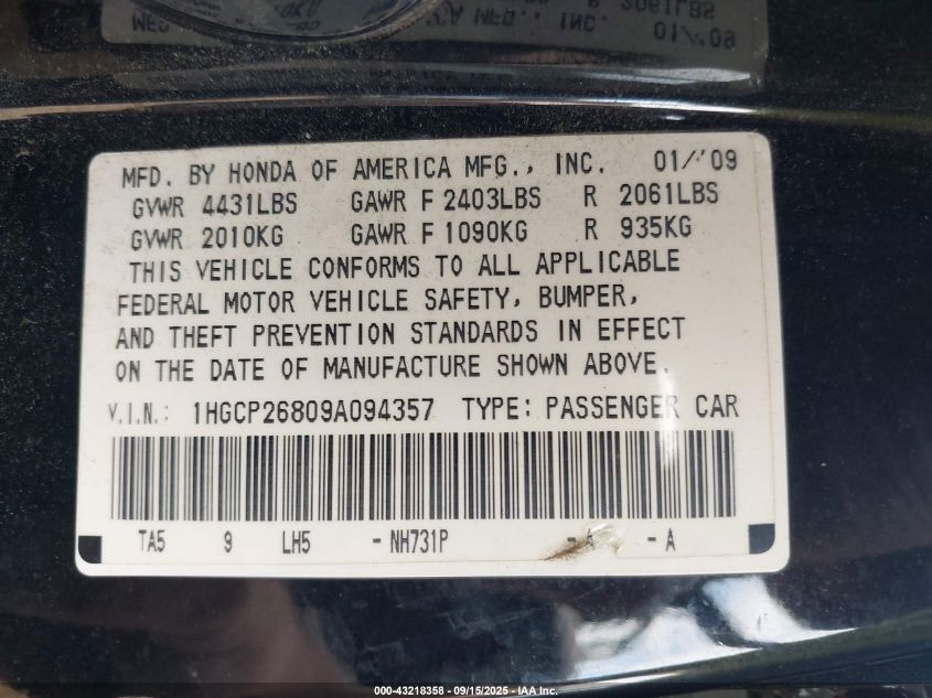 2009 Honda Accord 2.4 Ex-L VIN: 1HGCP26809A094357 Lot: 43218358