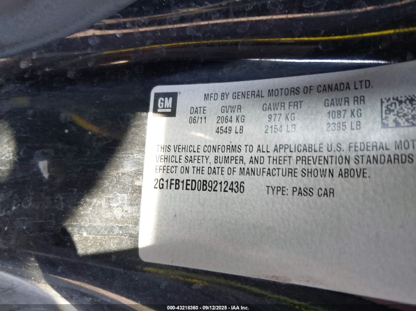 2011 Chevrolet Camaro 1Lt VIN: 2G1FB1ED0B9212436 Lot: 43218360