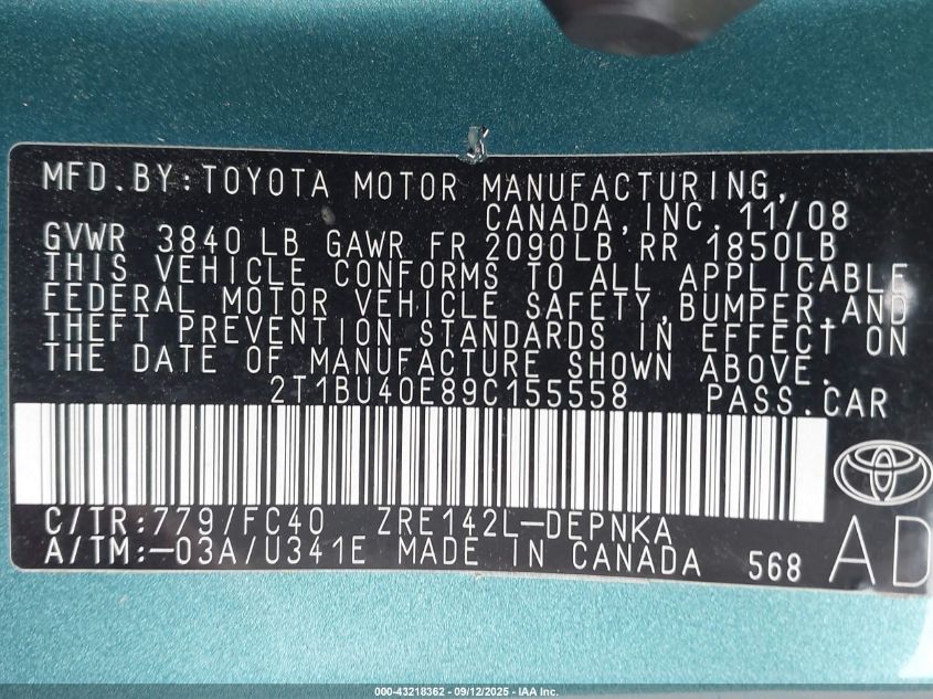 2009 Toyota Corolla Xle VIN: 2T1BU40E89C155558 Lot: 43218362