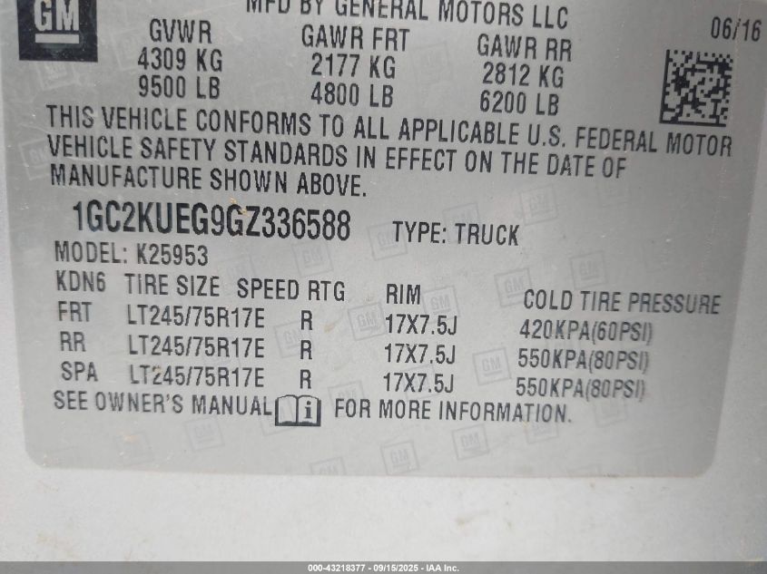 2016 Chevrolet Silverado 2500Hd Wt VIN: 1GC2KUEG9GZ336588 Lot: 43218377