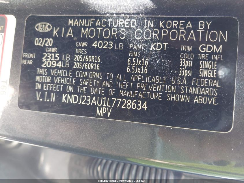 2020 Kia Soul S VIN: KNDJ23AU1L7728634 Lot: 43218384