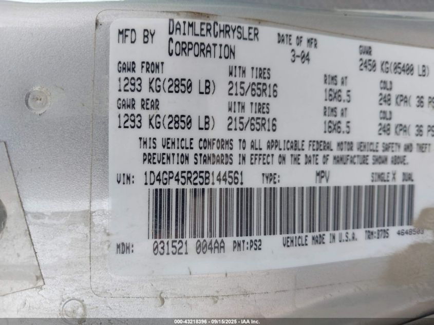 2005 Dodge Caravan Sxt VIN: 1D4GP45R25B144561 Lot: 43218396