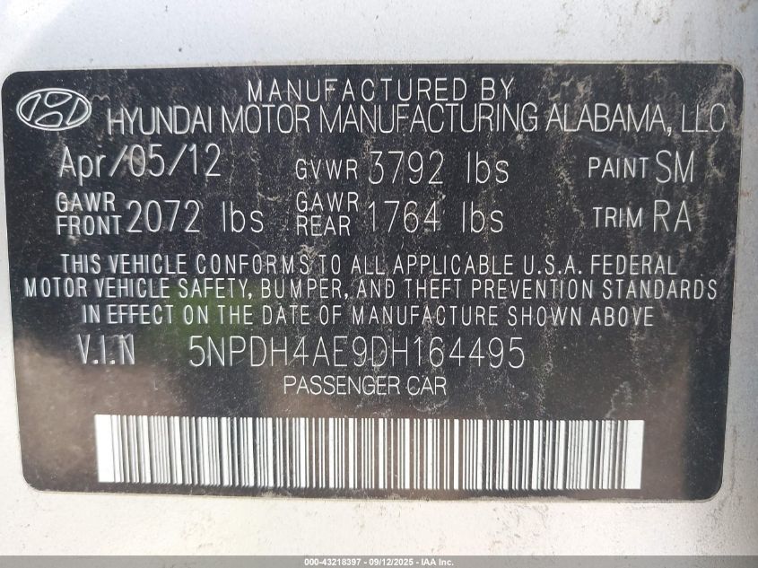 2013 Hyundai Elantra Gls VIN: 5NPDH4AE9DH164495 Lot: 43218397