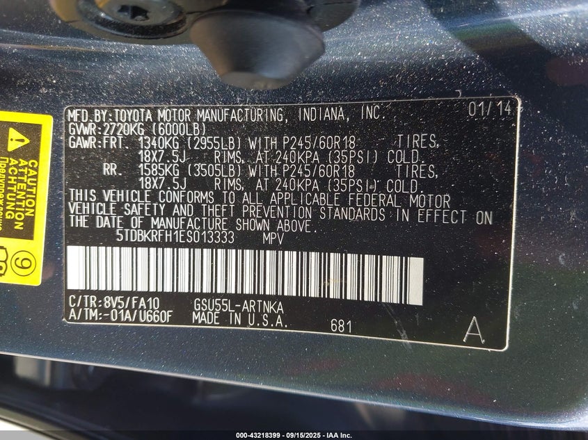 2014 TOYOTA HIGHLANDER LE PLUS V6 - 5TDBKRFH1ES013333