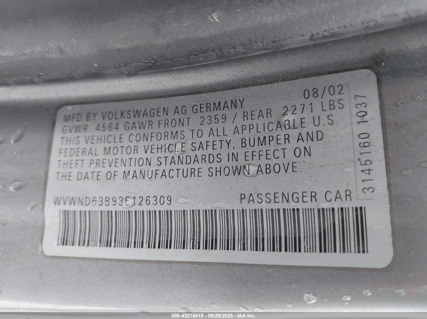 2003 Volkswagen Passat Gl VIN: WVWND63B93E126309 Lot: 43218418