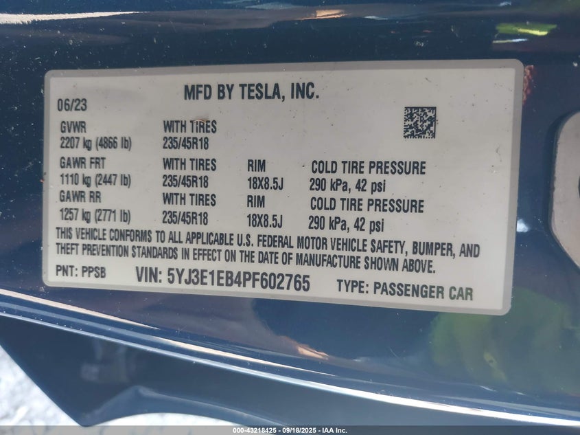 2023 Tesla Model 3 Long Range Dual Motor All-Wheel Drive VIN: 5YJ3E1EB4PF602765 Lot: 43218425