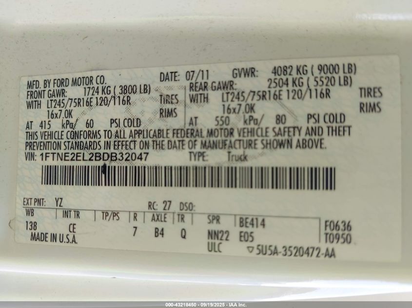 2011 Ford E-250 Commercial VIN: 1FTNE2EL2BDB32047 Lot: 43218450