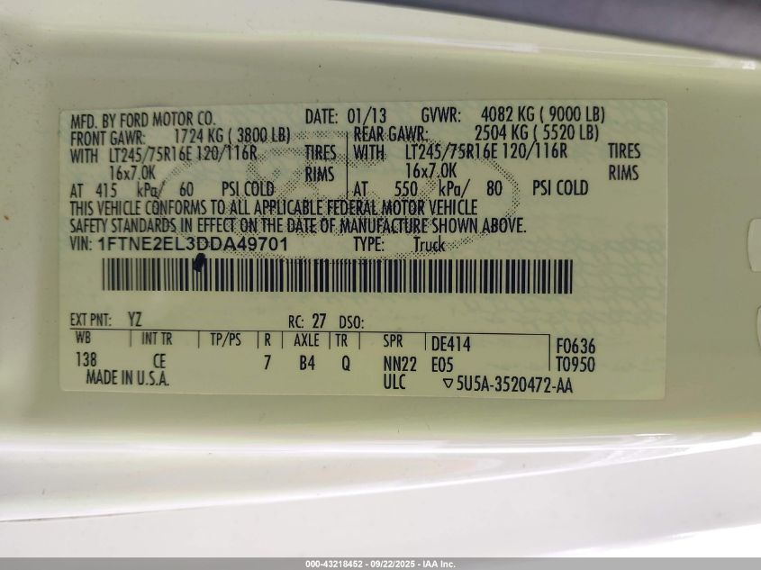 2013 Ford E-250 Commercial VIN: 1FTNE2EL3DDA49701 Lot: 43218452