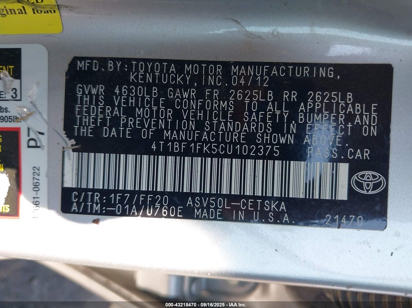 2012 Toyota Camry Se VIN: 4T1BF1FK5CU102375 Lot: 43218470