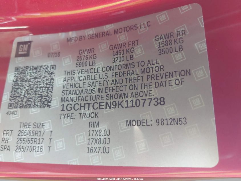 2019 Chevrolet Colorado Lt VIN: 1GCHTCEN9K1107738 Lot: 43218490