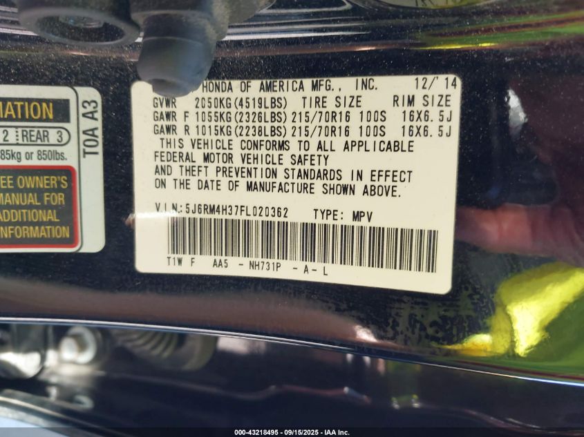 2015 Honda Cr-V Lx VIN: 5J6RM4H37FL020362 Lot: 43218495