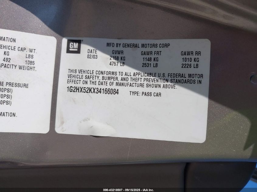 2003 Pontiac Bonneville Se VIN: 1G2HX52KX34166084 Lot: 43218507