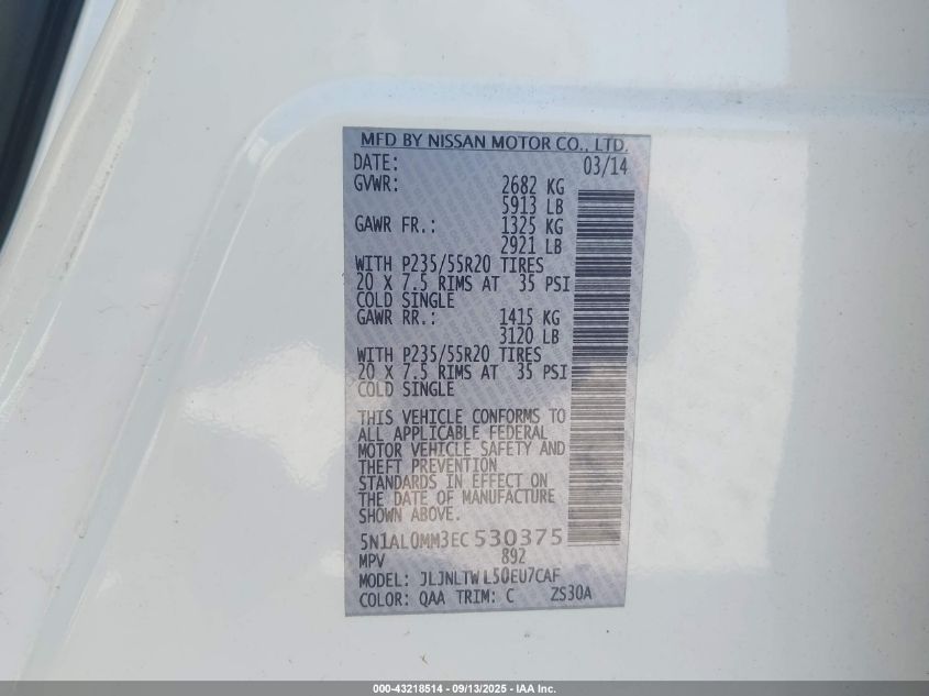 2014 Infiniti Qx60 VIN: 5N1AL0MM3EC530375 Lot: 43218514