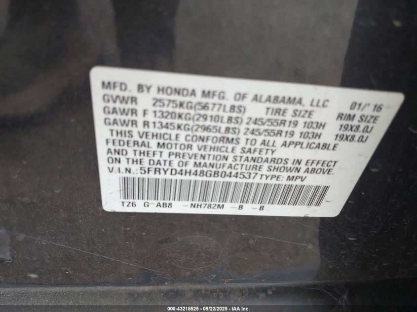 2016 Acura Mdx Technology Acurawatch Plus Packages/Technology Package VIN: 5FRYD4H48GB044537 Lot: 43218525