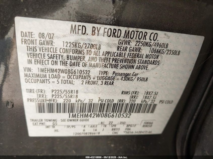 2008 Mercury Sable Premier VIN: 1MEHM42W08G610532 Lot: 43218530