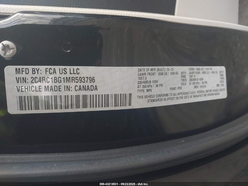 2021 Chrysler Pacifica Touring L VIN: 2C4RC1BG1MR593796 Lot: 43218531