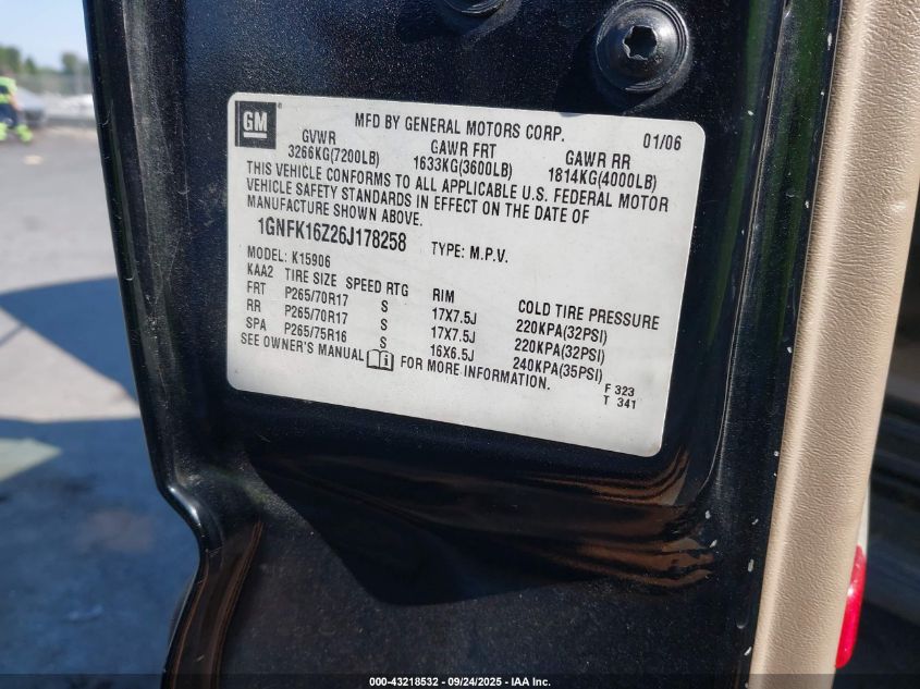 2006 Chevrolet Suburban 1500 Lt VIN: 1GNFK16Z26J178258 Lot: 43218532