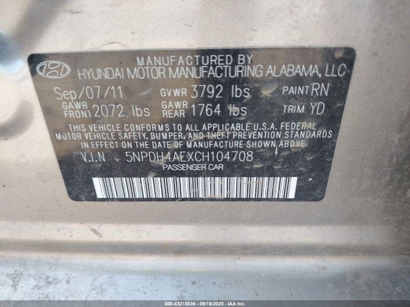 2012 Hyundai Elantra Gls VIN: 5NPDH4AEXCH104708 Lot: 43218536