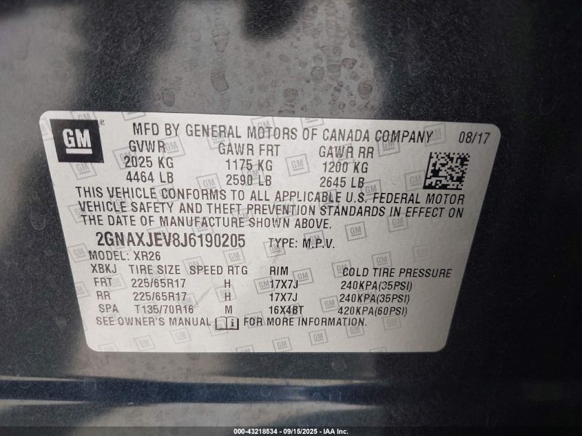 2018 Chevrolet Equinox Lt VIN: 2GNAXJEV8J6190205 Lot: 43218534