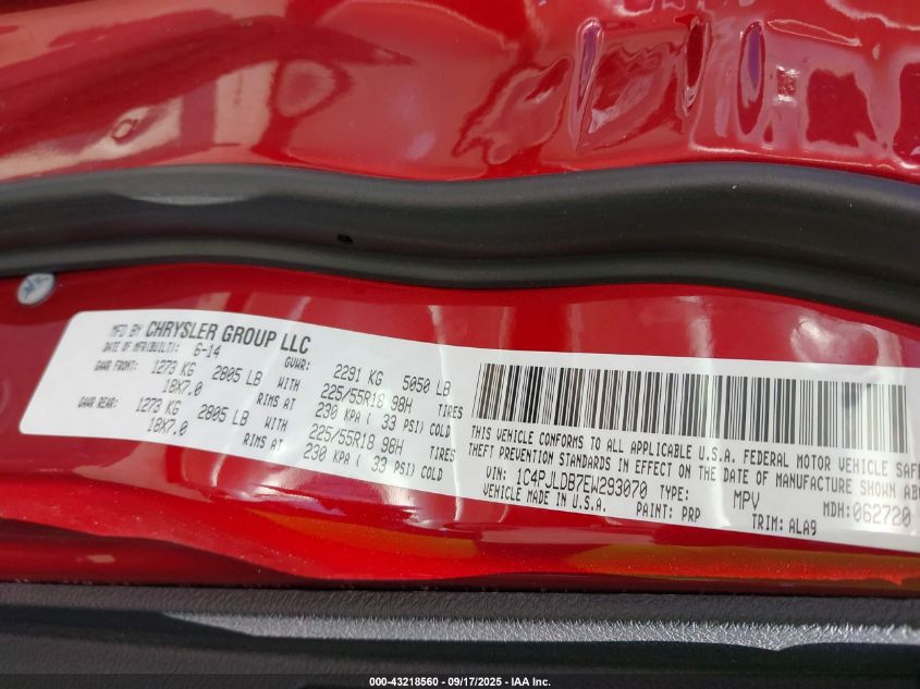 2014 Jeep Cherokee Limited VIN: 1C4PJLDB7EW293070 Lot: 43218560