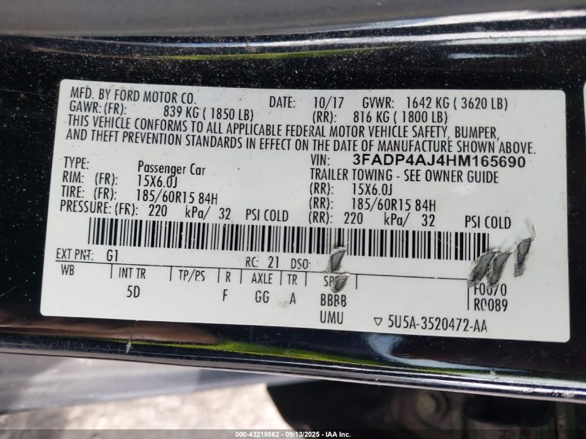 2017 Ford Fiesta S VIN: 3FADP4AJ4HM165690 Lot: 43218562