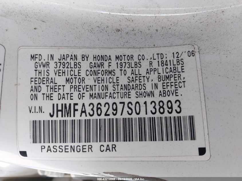 2007 Honda Civic Hybrid VIN: JHMFA36297S013893 Lot: 43218566