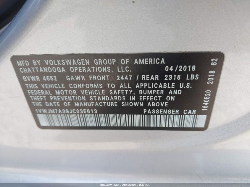2018 Volkswagen Passat 3.6L V6 Gt VIN: 1VWJM7A39JC035613 Lot: 43218568