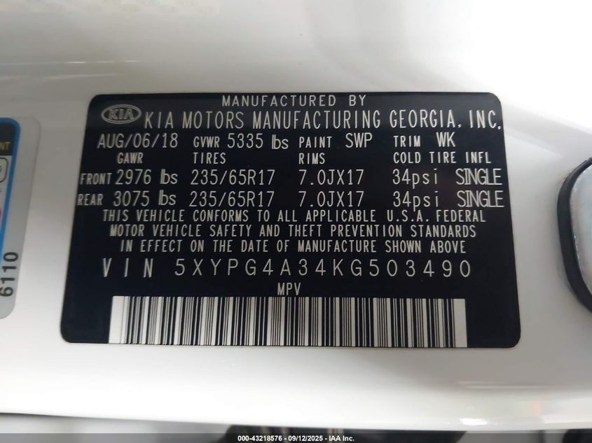 2019 Kia Sorento 2.4L Lx VIN: 5XYPG4A34KG503490 Lot: 43218576