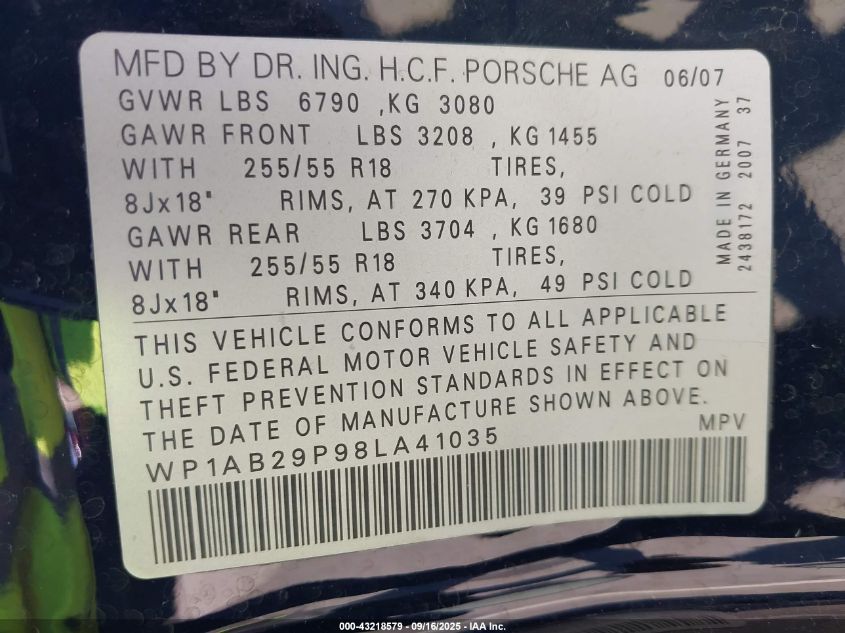2008 Porsche Cayenne S VIN: WP1AB29P98LA41035 Lot: 43218579